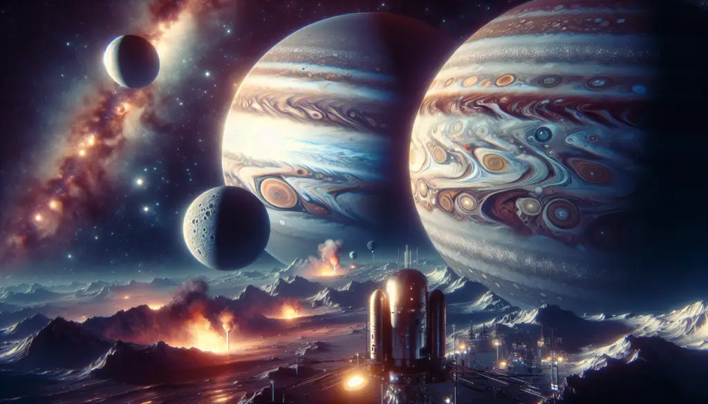 An artist's depiction of Europa and Io, the captivating moons of Jupiter, showcasing their unique surface features and surrounding space.