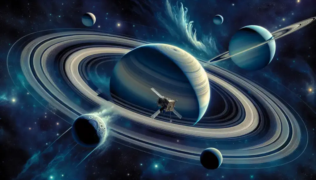 Illustration depicting Saturn and Uranus, showcasing their rings, moons, and unique features as observed by Cassini.