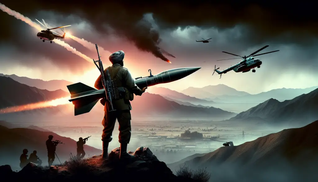 A portrait of Zia ul Haq with symbolic imagery of Stinger missiles and the disintegration of the USSR.